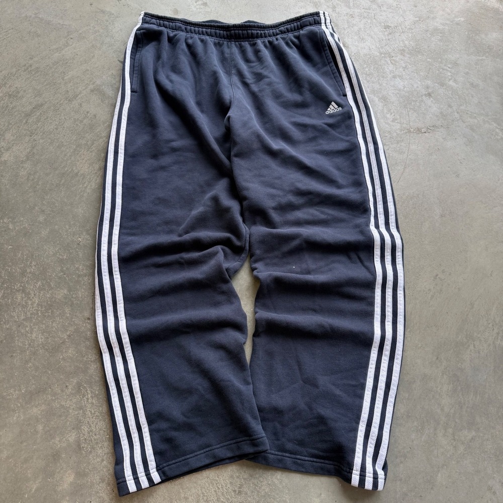 Adidas Mens Navy Blue Fleece Baggy Track Pants 3 Stripe XL Wide Leg Joggers